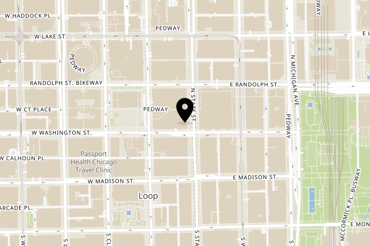 Map showing the location of Gayle V's Best Ever Grilled Cheese on 108 N State St #004 in Chicago